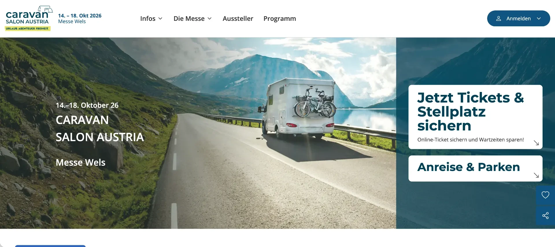 Screenshot of the Caravan Salon Austria website on the Messe Wels platform