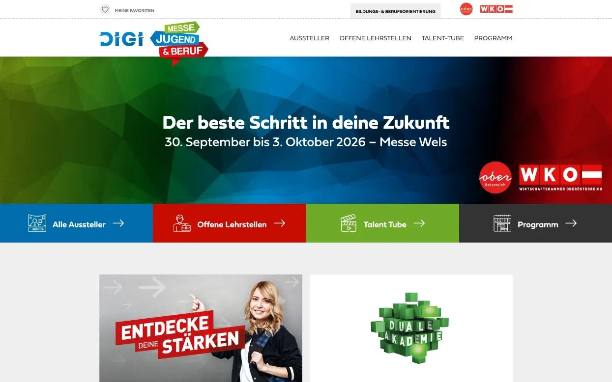 Screenshot of the home page of the Jugend & Beruf digital fair